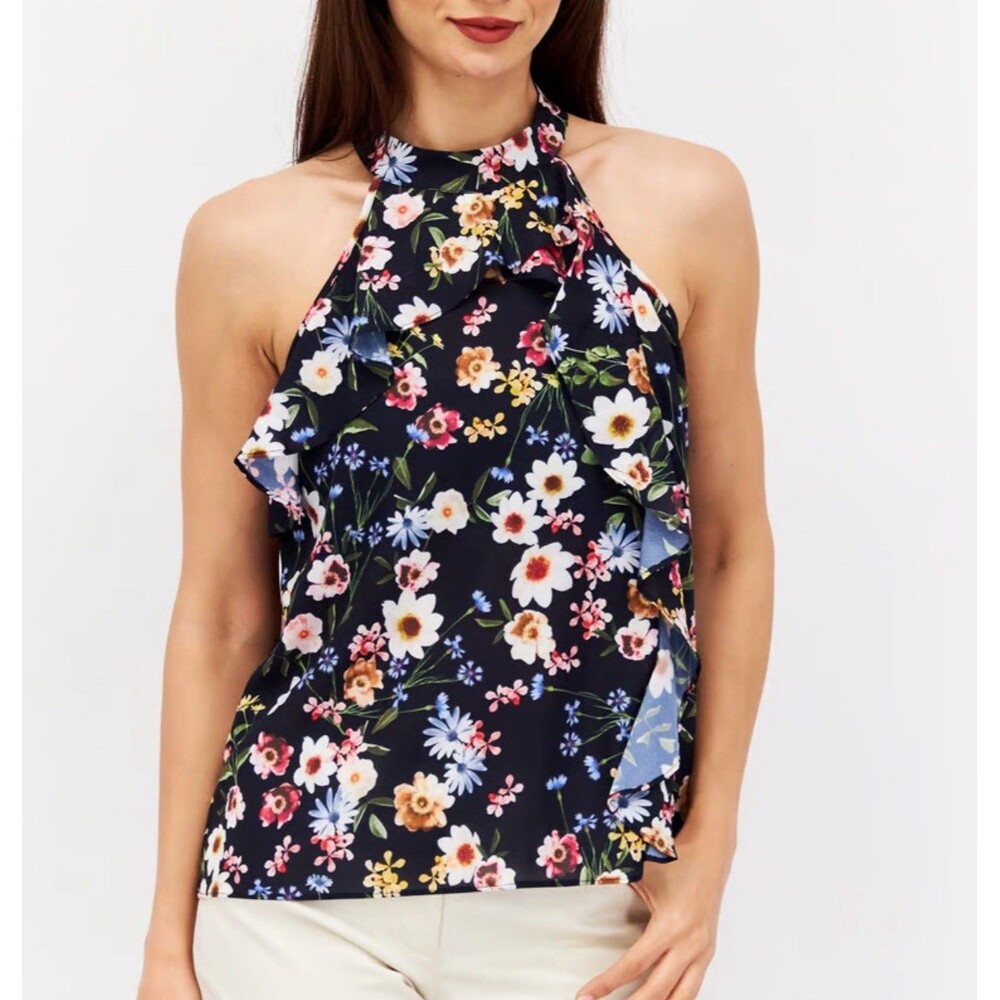 Parker Floral Print Ruffled Haler Top Blouse In Cosmic Daisy Sz XS And S New